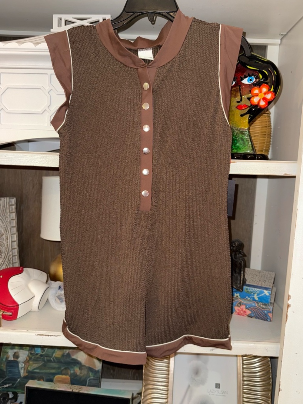 It's now cool Large L brown button up swimsuit chocolate butter one piece - Picture 7 of 9